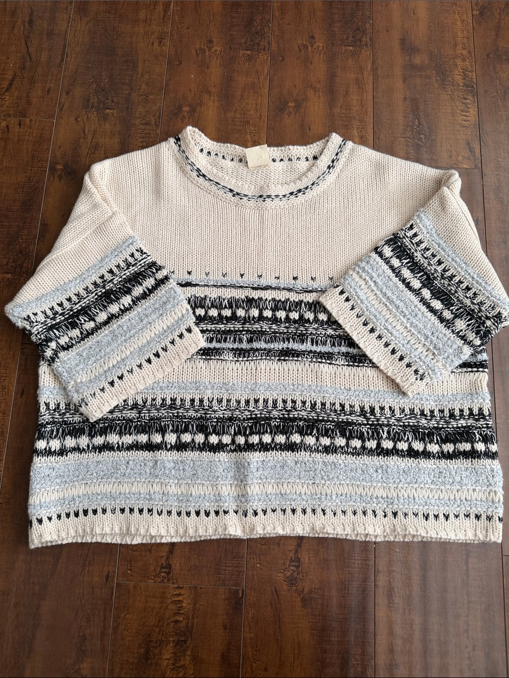 Matilda Jane Ivory Crewneck Sweater with Black & Light Blue Fair Isle Stripes